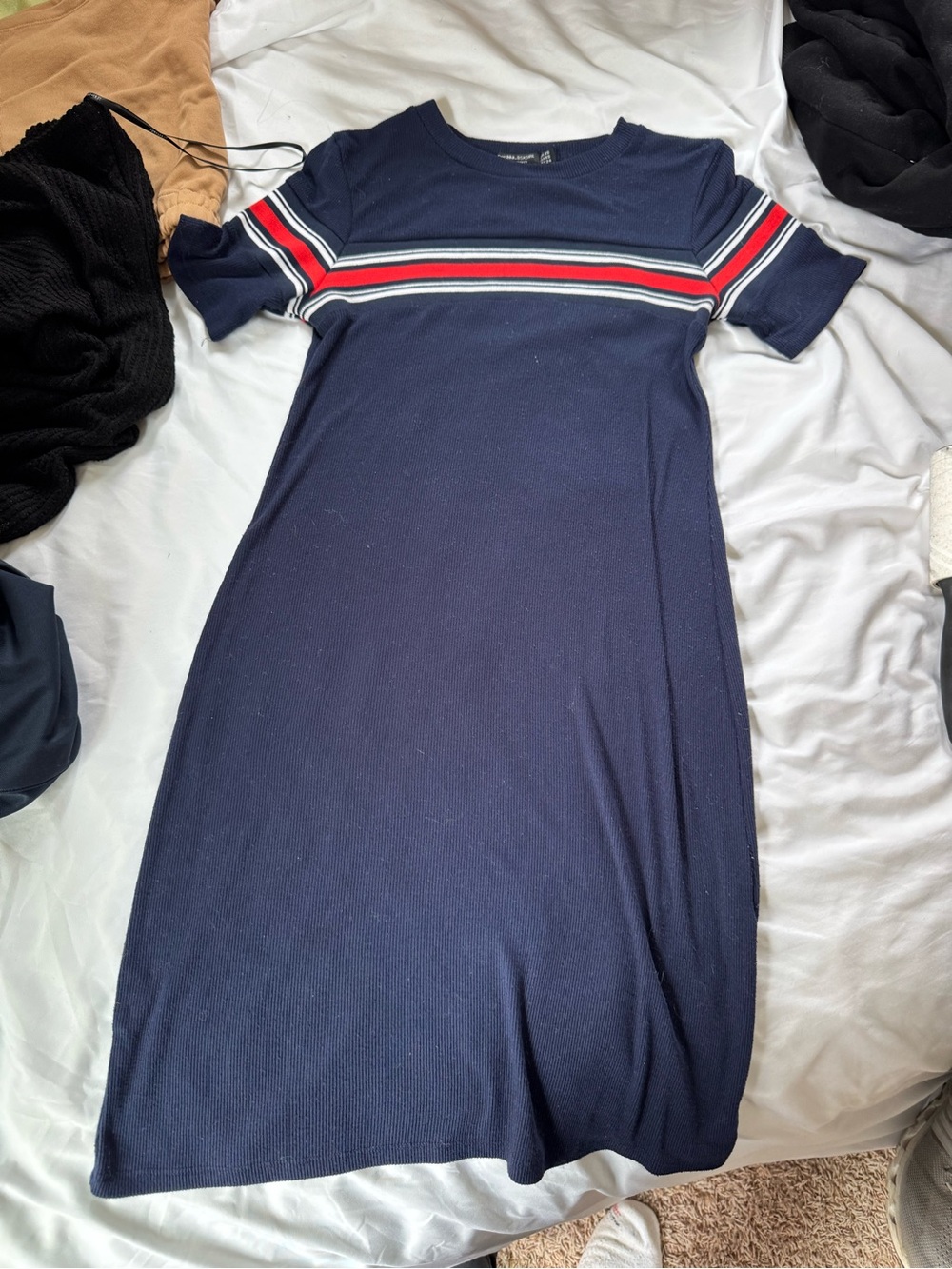 Bershka Navy Midi Knit Dress with Red & White Stripe